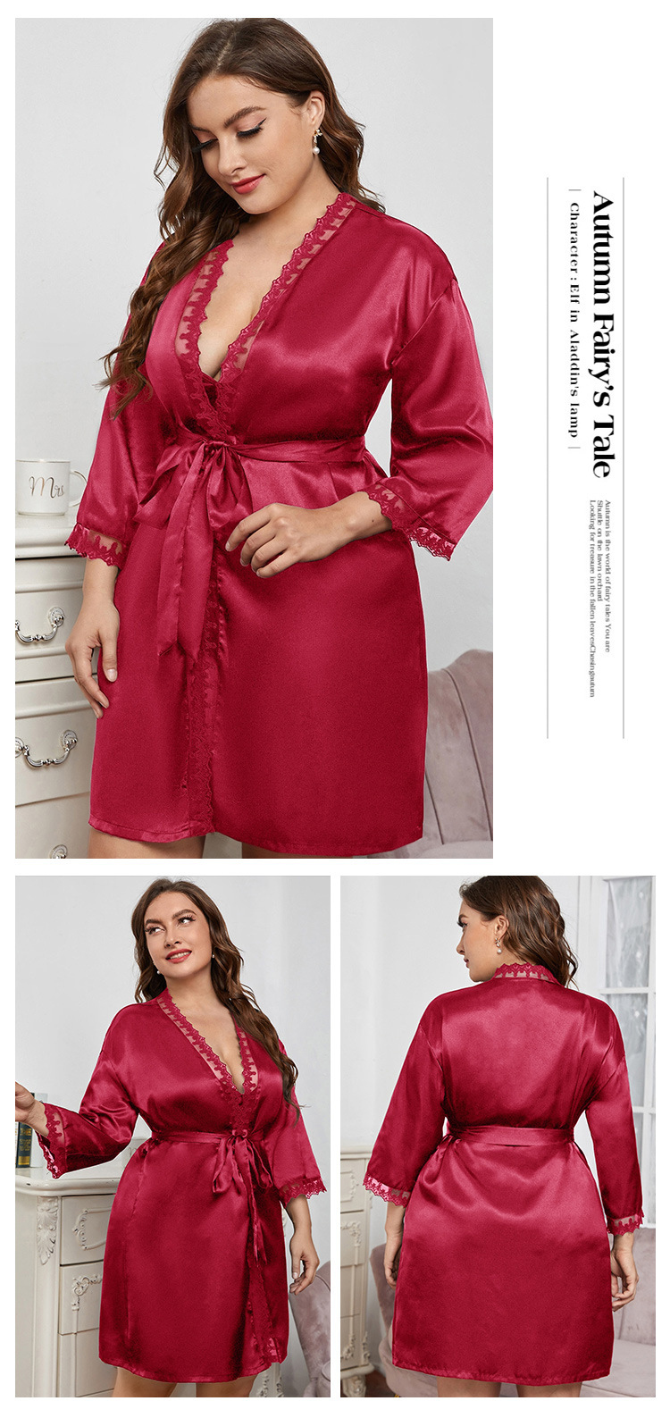 Lace-Trim Silk Robes Kimono Satin Bathrobe Short Sexy V Neck Sleepwear  (3)